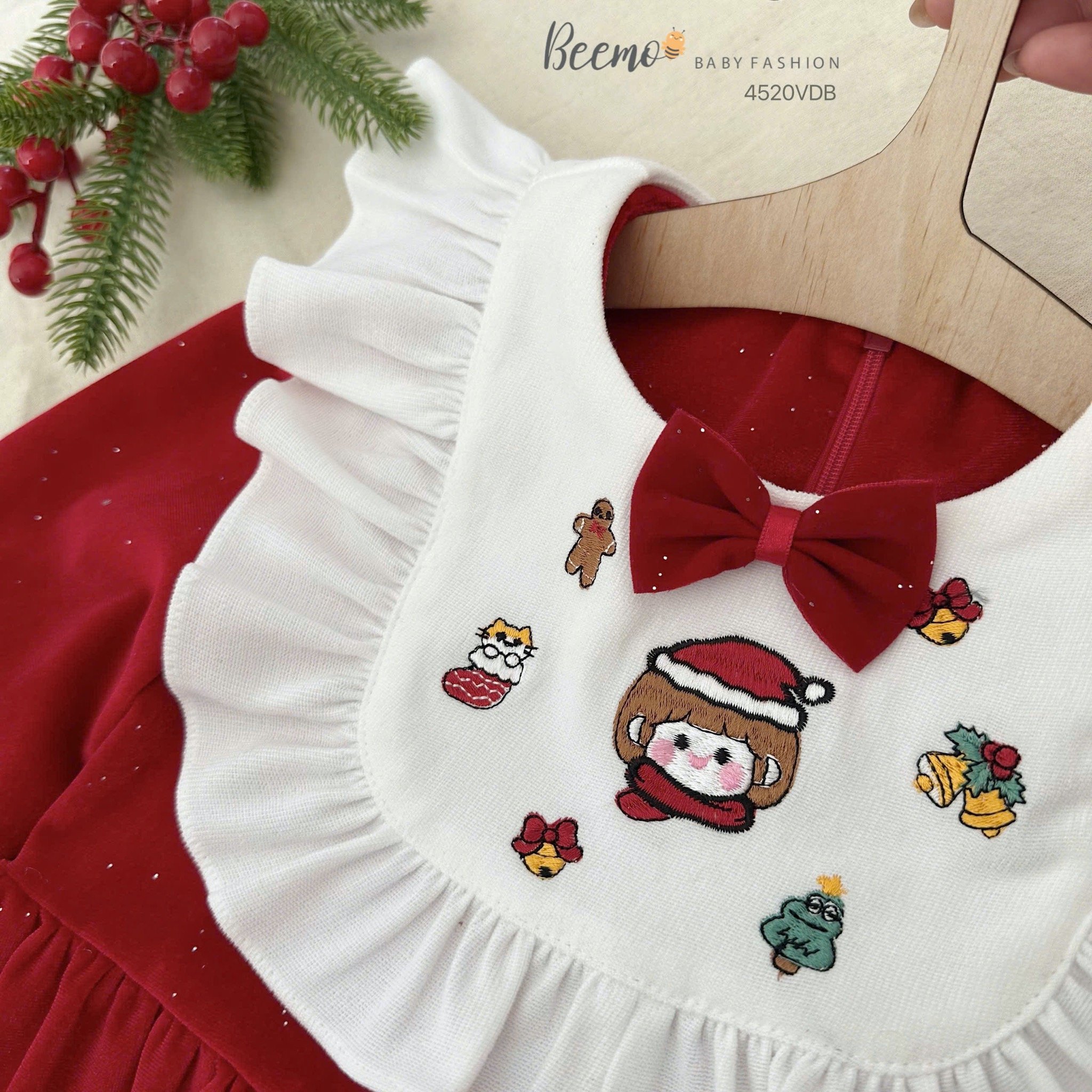 Váy nhung đỏ ánh nhũ Beemo kèm cổ yếm trắng size 80 - 130
