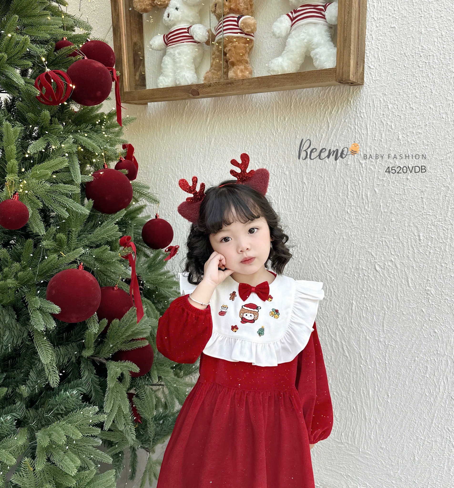 Váy nhung đỏ ánh nhũ Beemo kèm cổ yếm trắng size 80 - 130