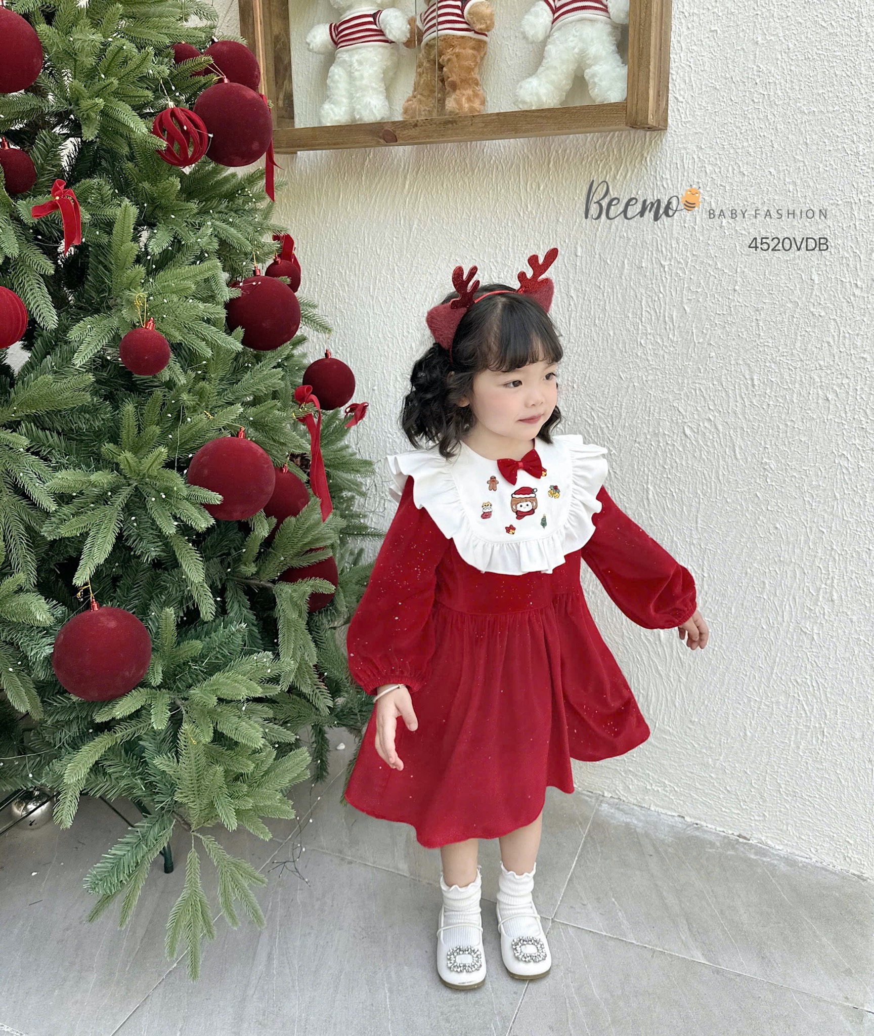 Váy nhung đỏ ánh nhũ Beemo kèm cổ yếm trắng size 80 - 130