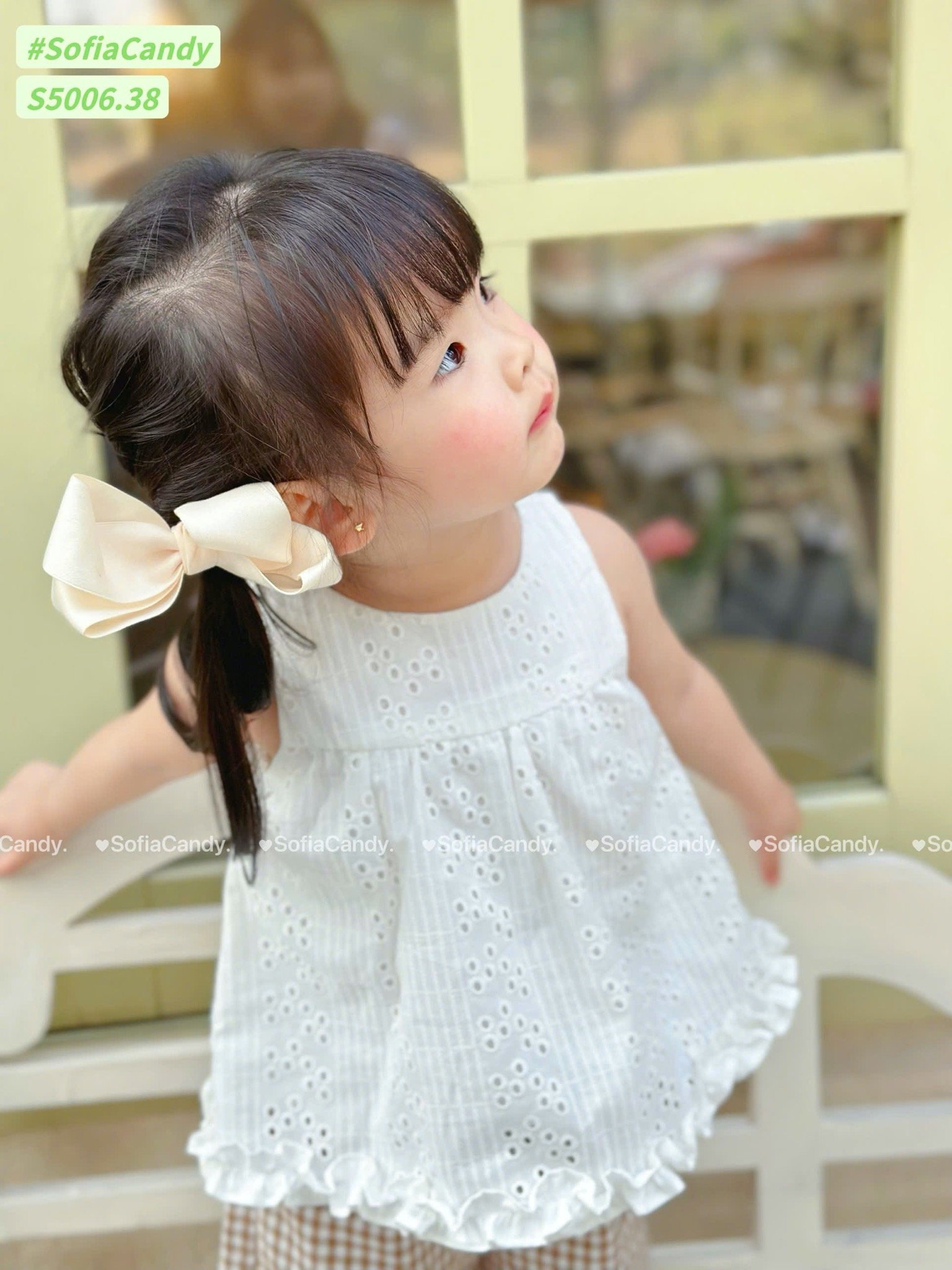 S5006 - Set bộ Sofia Candy áo trắng sát nách bèo - quần kẻ nâu ren chân size 1 - 10y