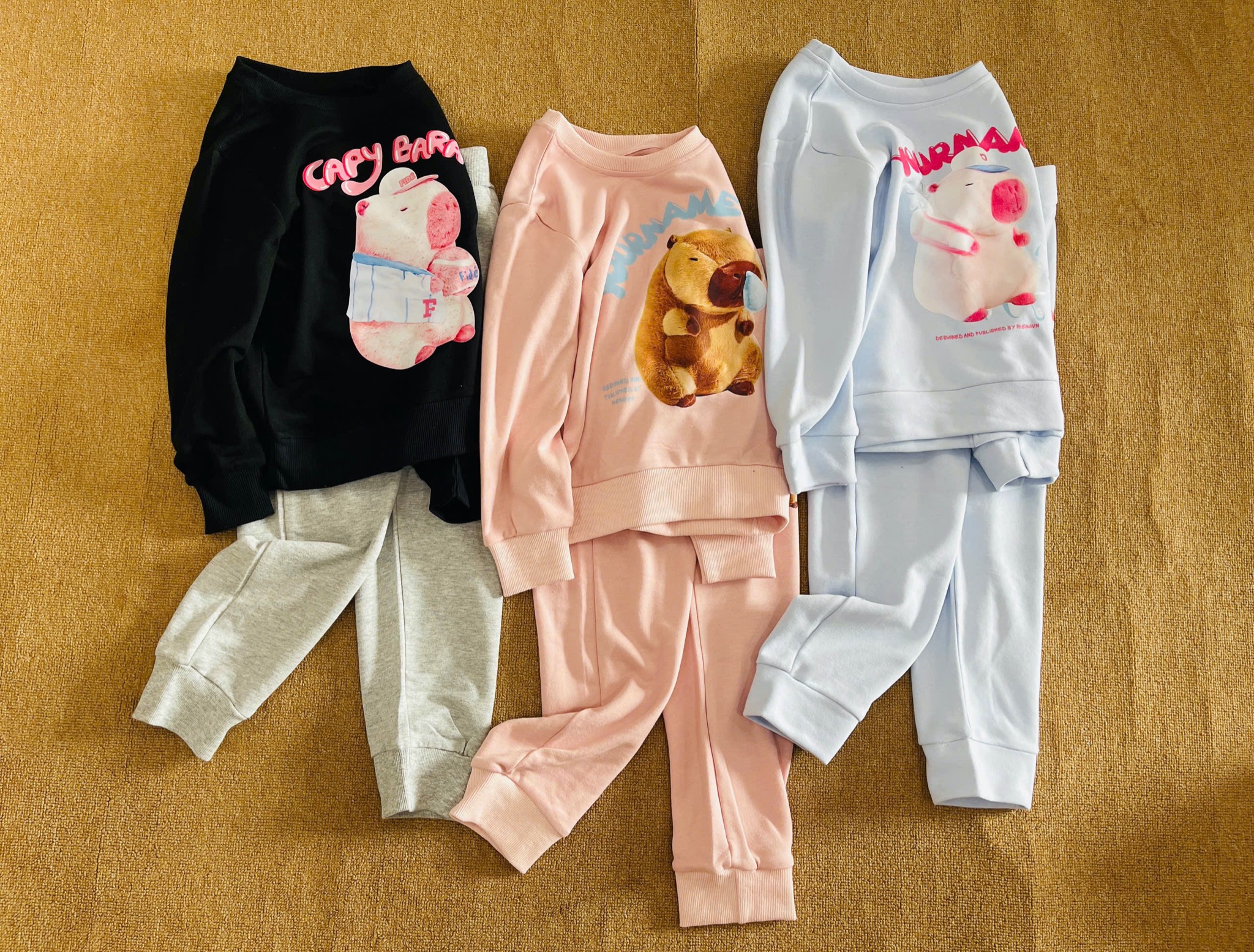 Bộ nỉ da cá HM vải dư hoạ tiết Capybara, Labubu nhiều màu bé gái size 4-14y
