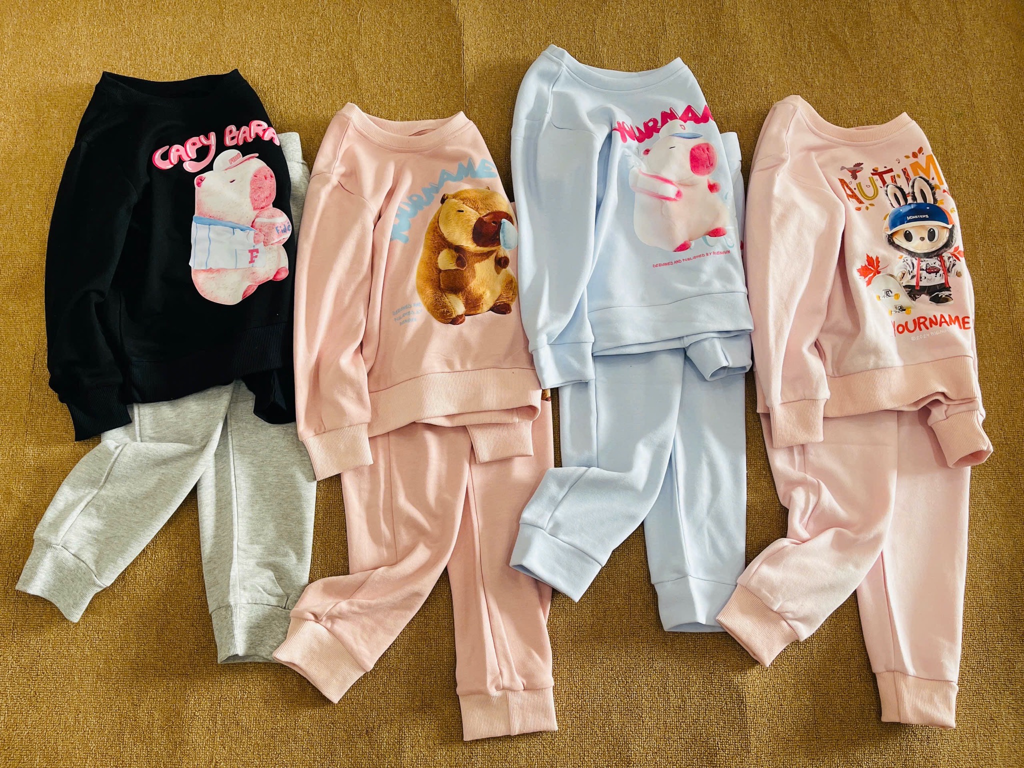 Bộ nỉ da cá HM vải dư hoạ tiết Capybara, Labubu nhiều màu bé gái size 4-14y