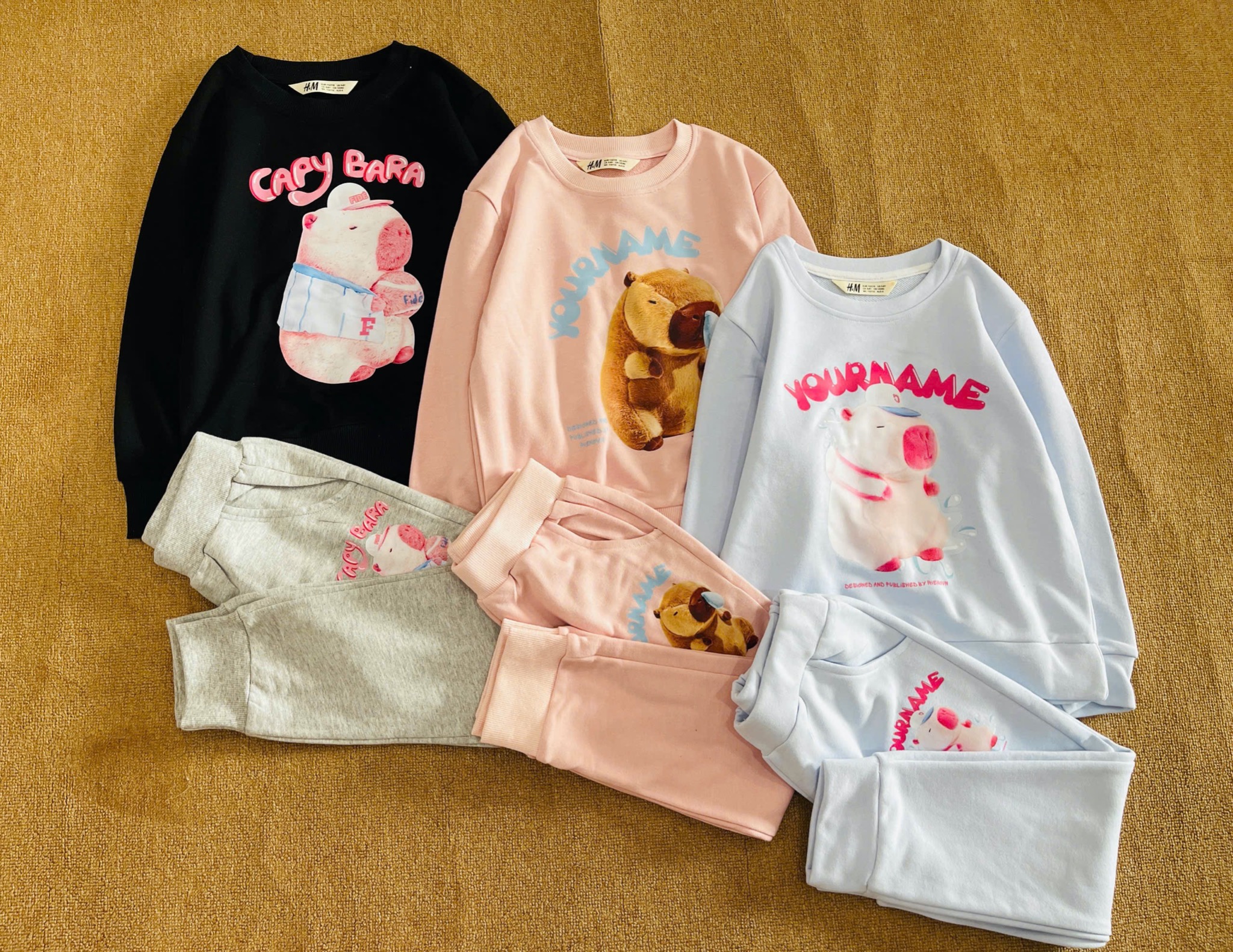 Bộ nỉ da cá HM vải dư hoạ tiết Capybara, Labubu nhiều màu bé gái size 4-14y