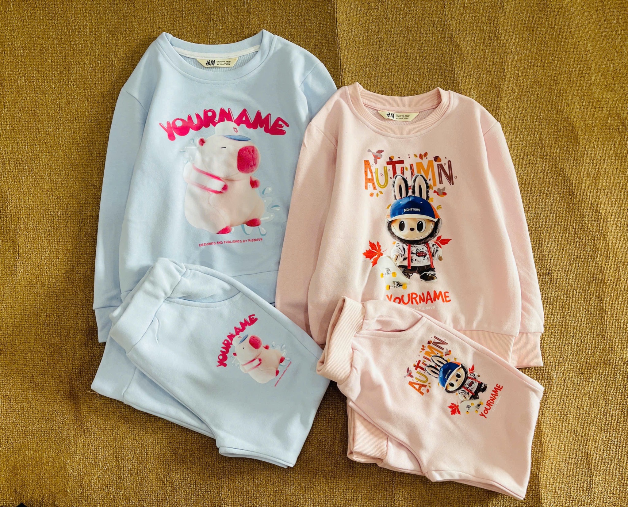 Bộ nỉ da cá HM vải dư hoạ tiết Capybara, Labubu nhiều màu bé gái size 4-14y