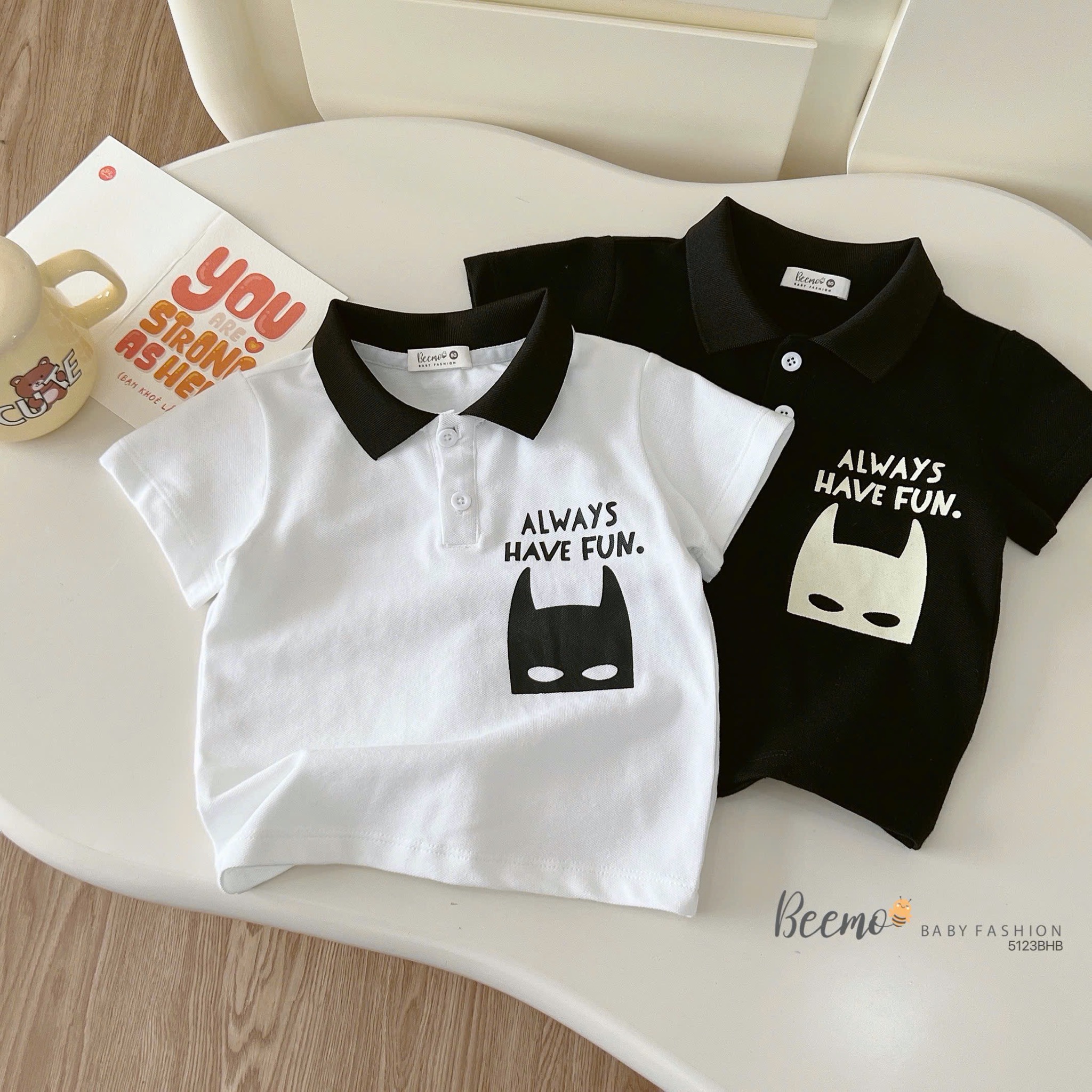 Bộ Beemo áo polo cổ đức hoạ tiết Batman 2 màu cho bé trai size 80-130