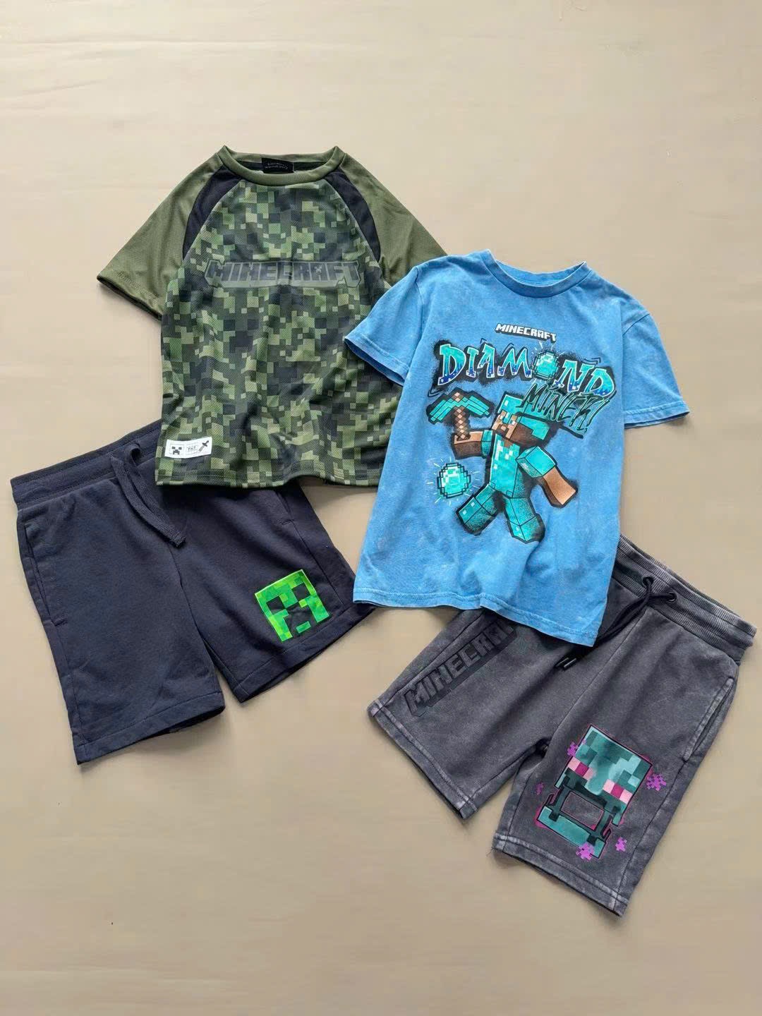 Bộ cotton Minecraft vải wash mềm màu xanh bé trai size 6-13y