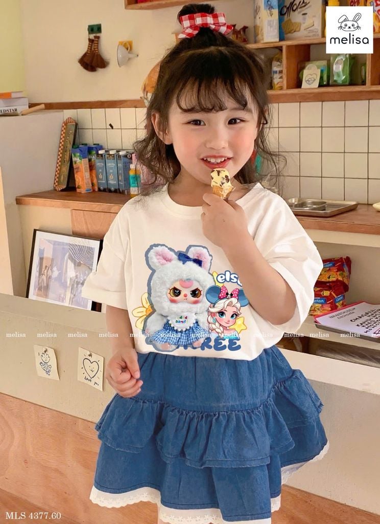MLS 4377 - Bộ Melisa Baby Three Elsa áo cotton trắng + chân váy denim bé gái size 2-12y