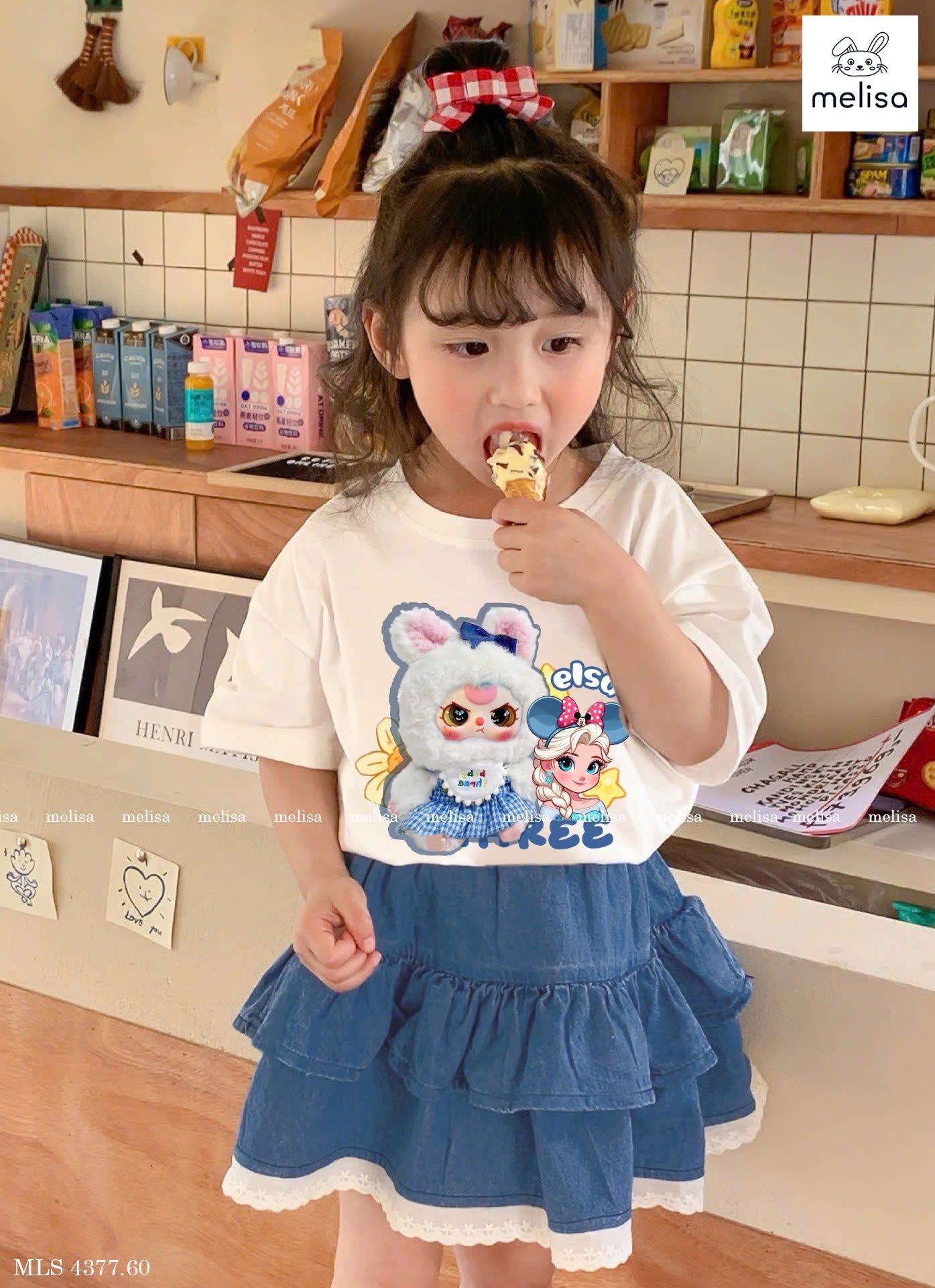 MLS 4377 - Bộ Melisa Baby Three Elsa áo cotton trắng + chân váy denim bé gái size 2-12y