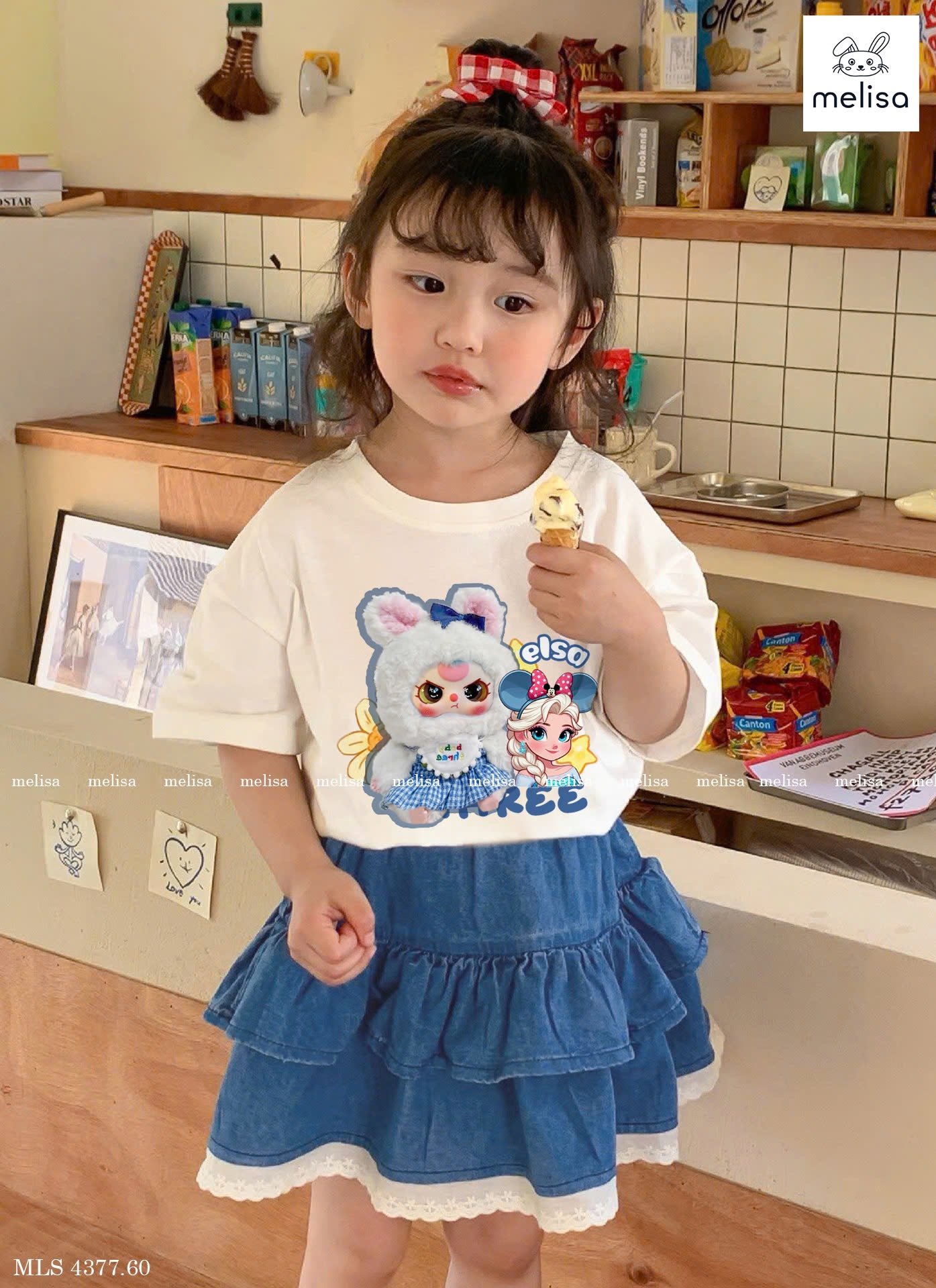 MLS 4377 - Bộ Melisa Baby Three Elsa áo cotton trắng + chân váy denim bé gái size 2-12y