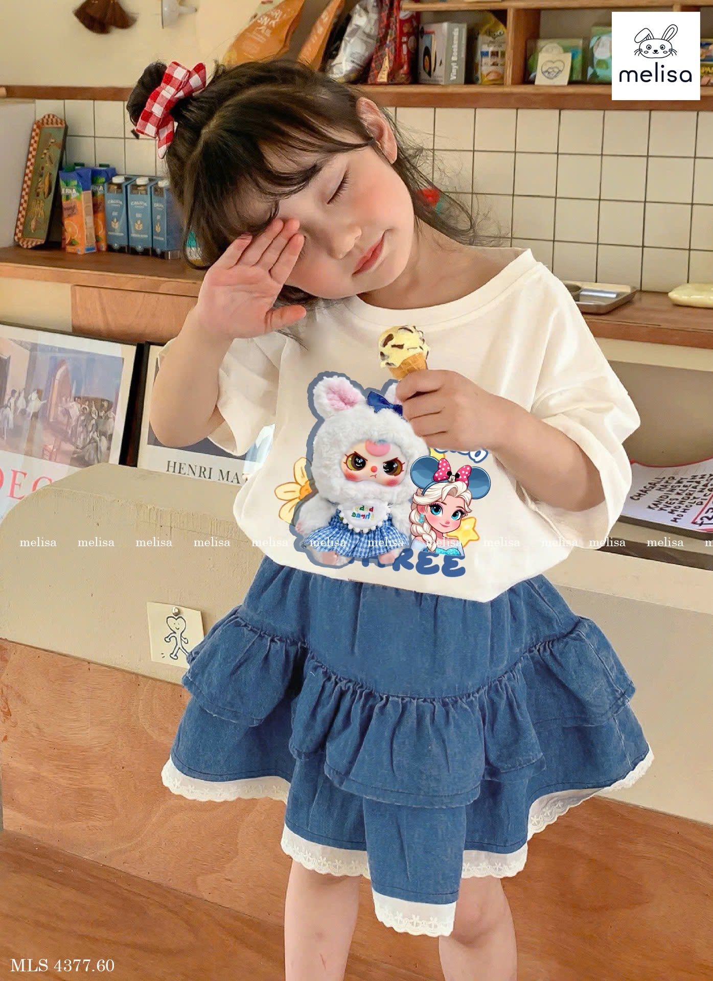 MLS 4377 - Bộ Melisa Baby Three Elsa áo cotton trắng + chân váy denim bé gái size 2-12y