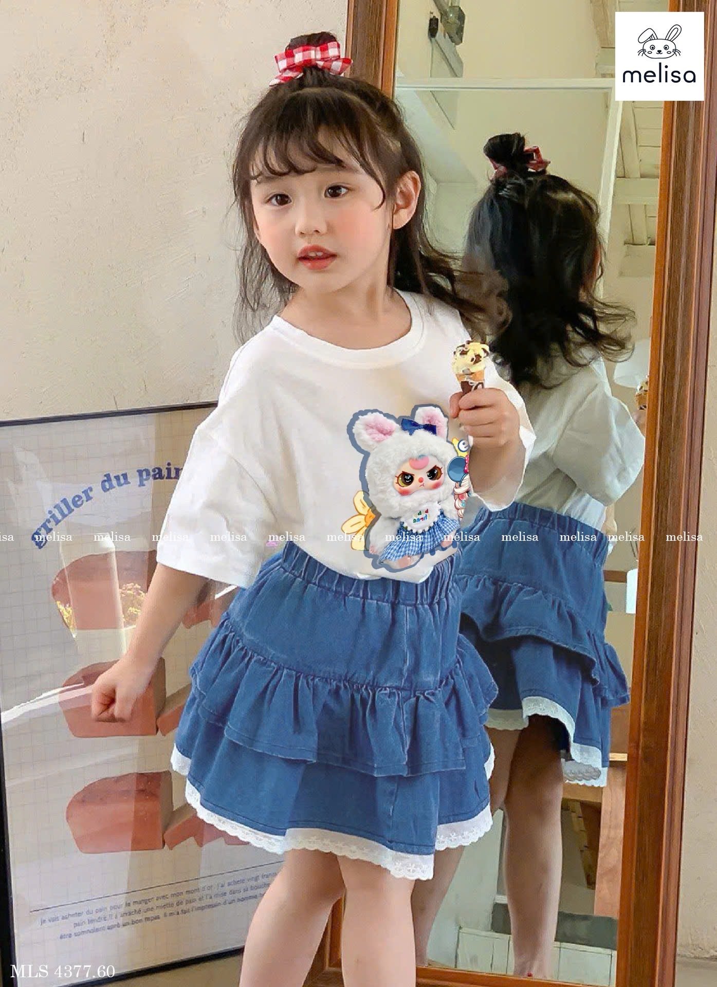 MLS 4377 - Bộ Melisa Baby Three Elsa áo cotton trắng + chân váy denim bé gái size 2-12y