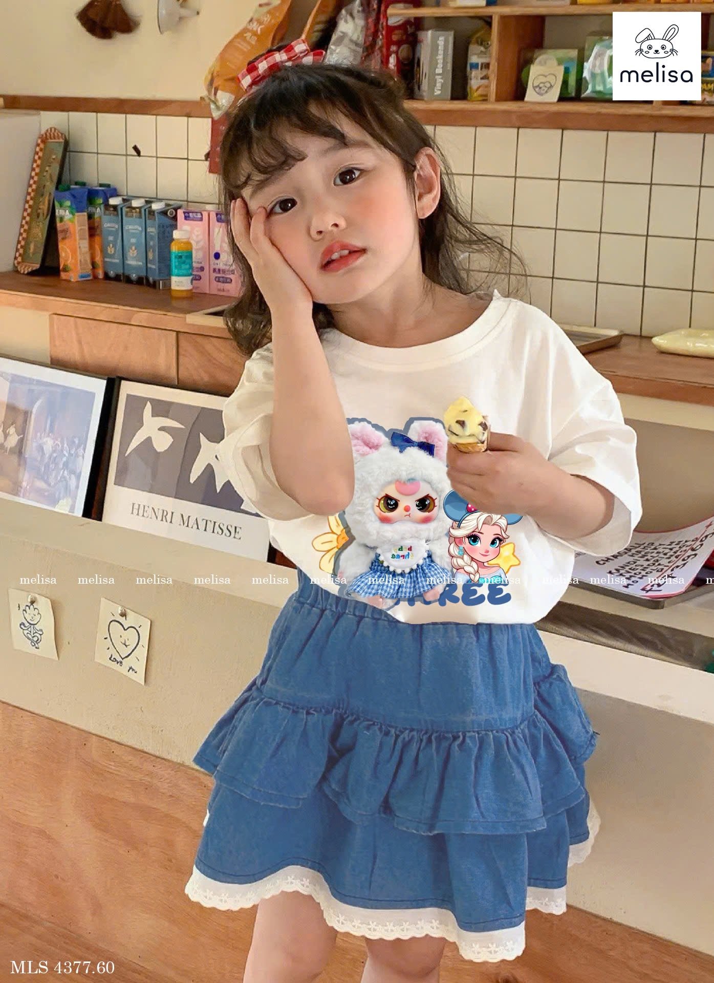 MLS 4377 - Bộ Melisa Baby Three Elsa áo cotton trắng + chân váy denim bé gái size 2-12y