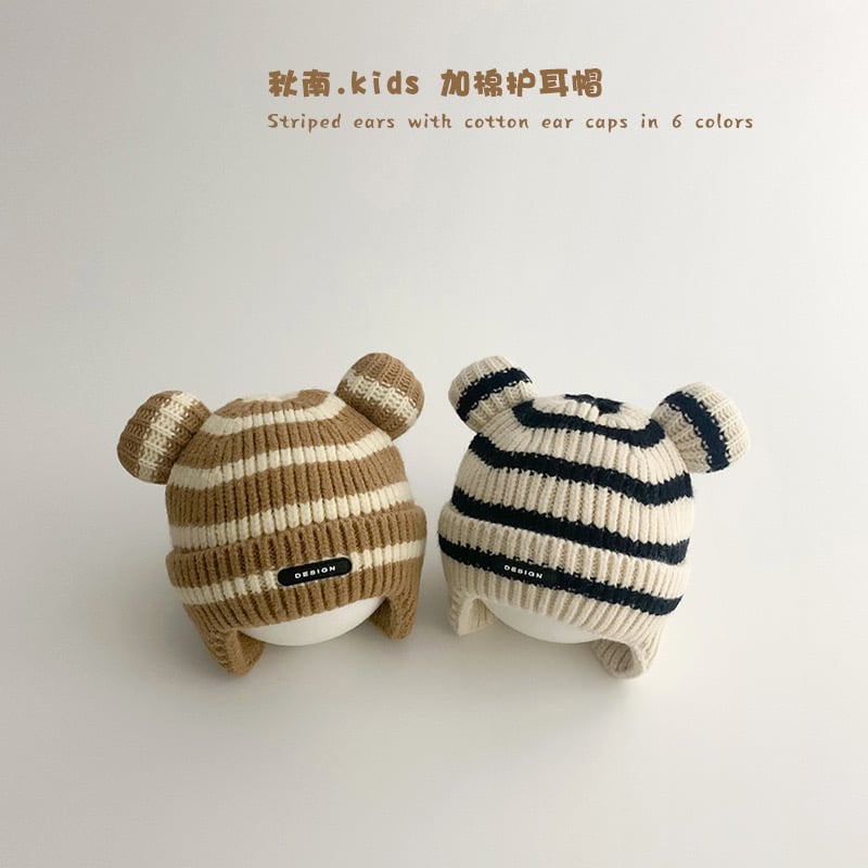 Mũ len kẻ tai gấu 2 màu kẻ đen, kẻ nâu cho bé size 6m-4y