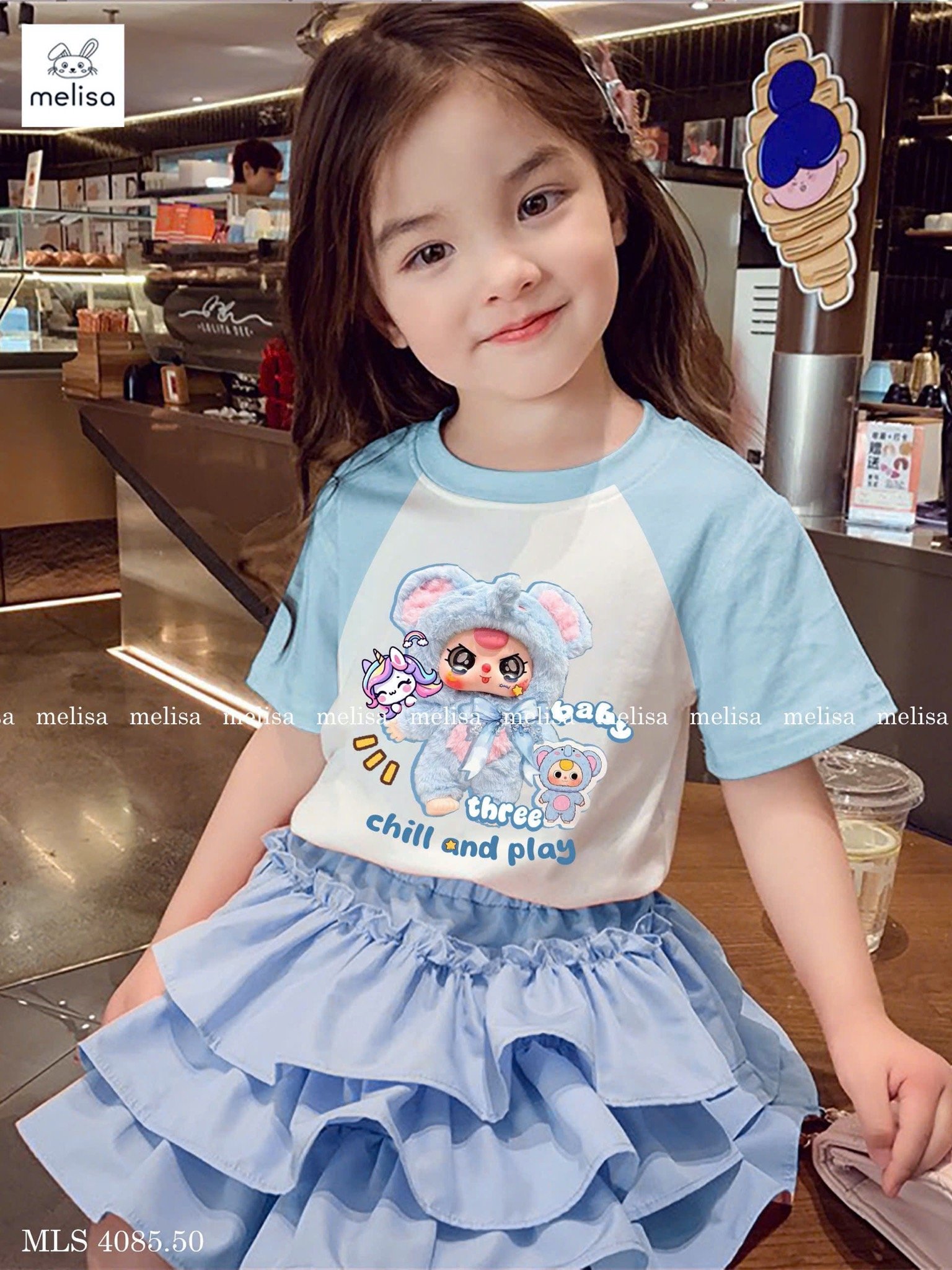 MLS 4085 - Bộ Melisa áo thun Baby Three + Pony màu trắng xanh bé gái size 2-12y