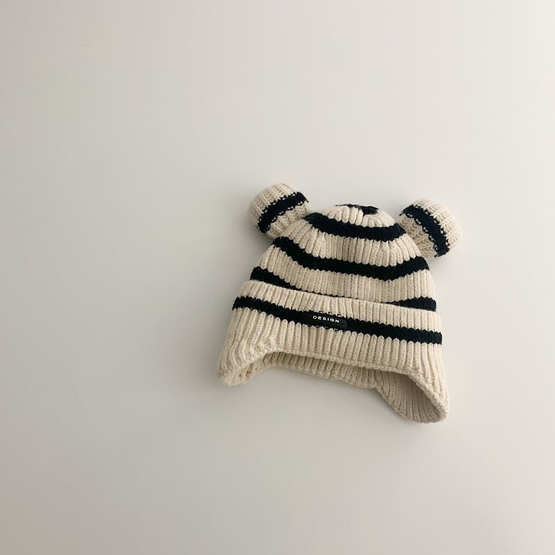 Mũ len kẻ tai gấu 2 màu kẻ đen, kẻ nâu cho bé size 6m-4y