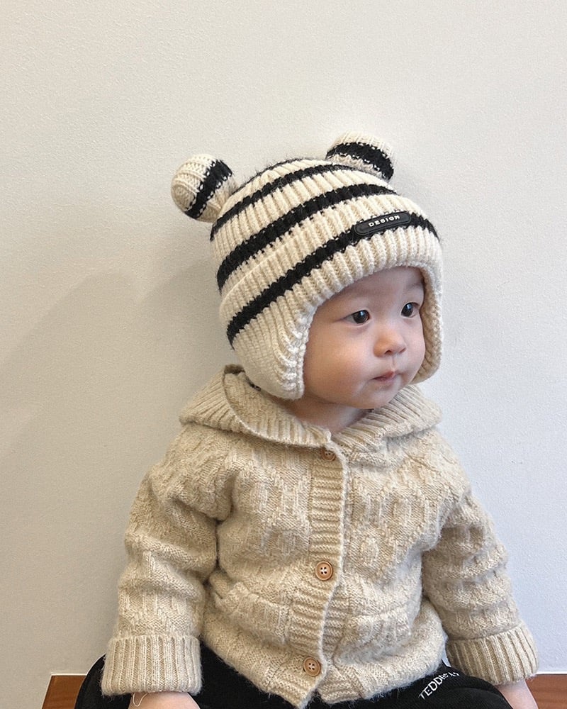 Mũ len kẻ tai gấu 2 màu kẻ đen, kẻ nâu cho bé size 6m-4y