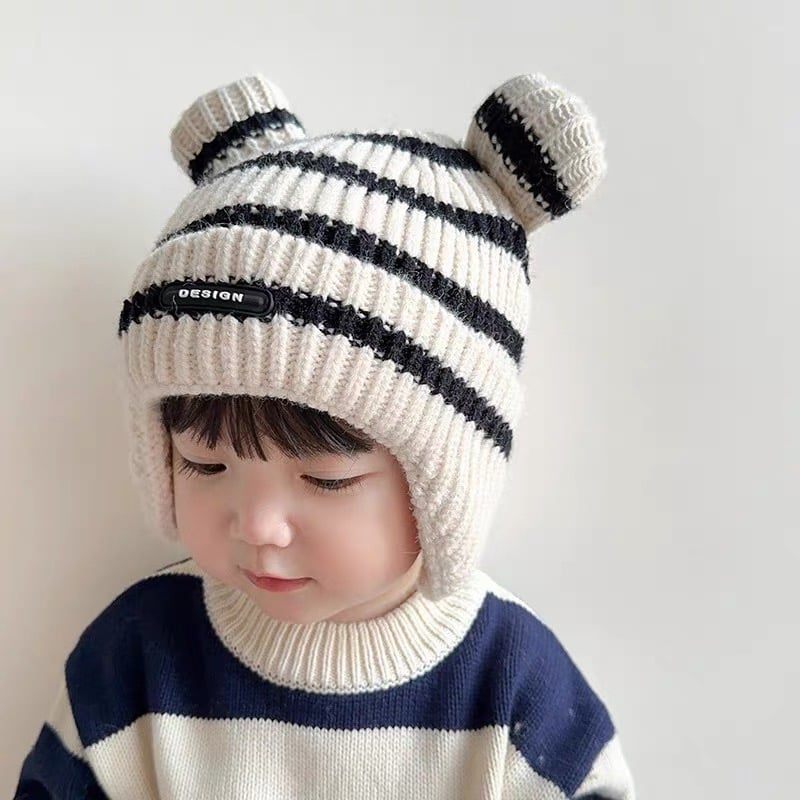 Mũ len kẻ tai gấu 2 màu kẻ đen, kẻ nâu cho bé size 6m-4y