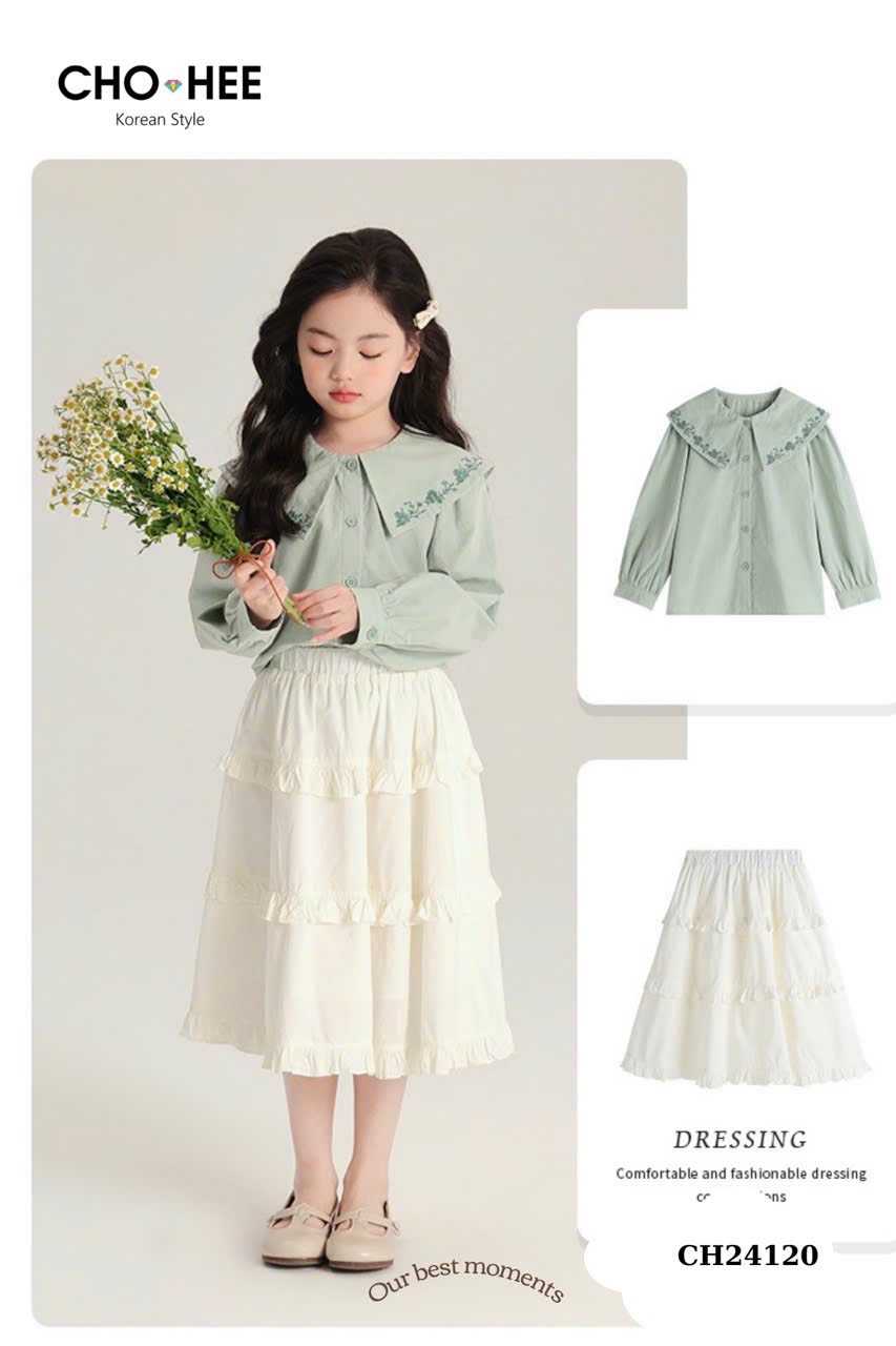 Set Oli River áo sơ mi xanh mint thêu hoa cổ - chân váy trắng bèo tầng size 2 - 11y