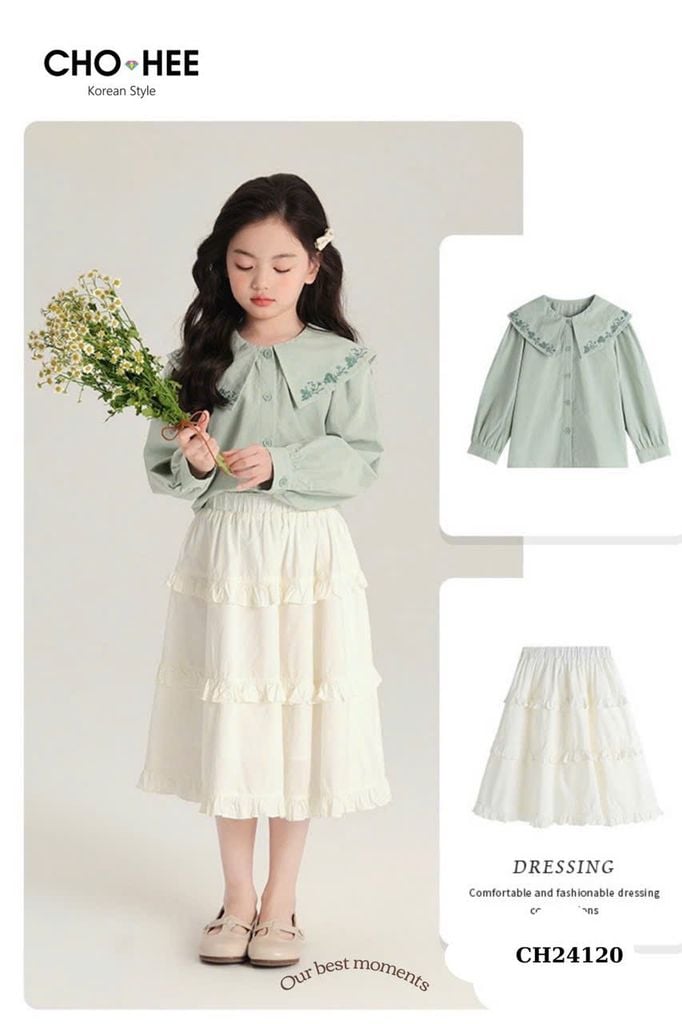 Set Oli River áo sơ mi xanh mint thêu hoa cổ - chân váy trắng bèo tầng size 2 - 11y
