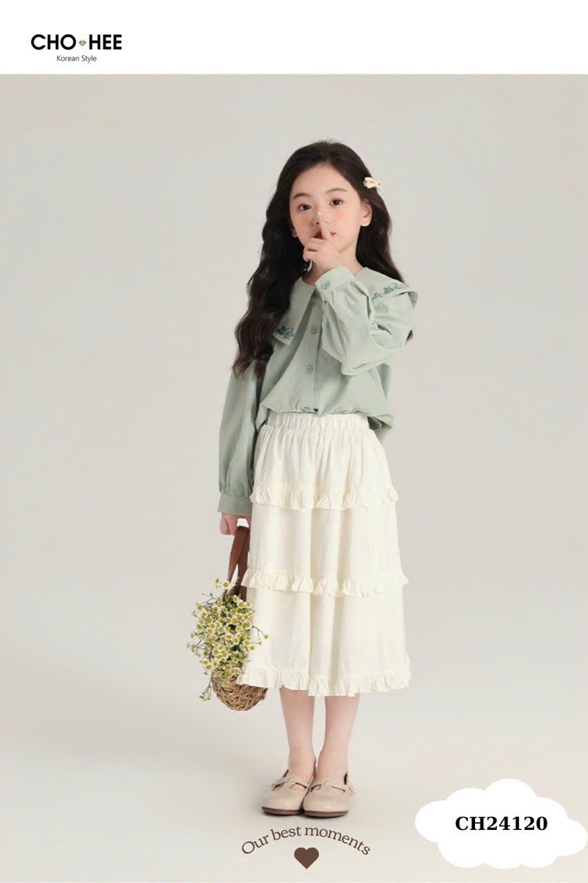 Set Oli River áo sơ mi xanh mint thêu hoa cổ - chân váy trắng bèo tầng size 2 - 11y