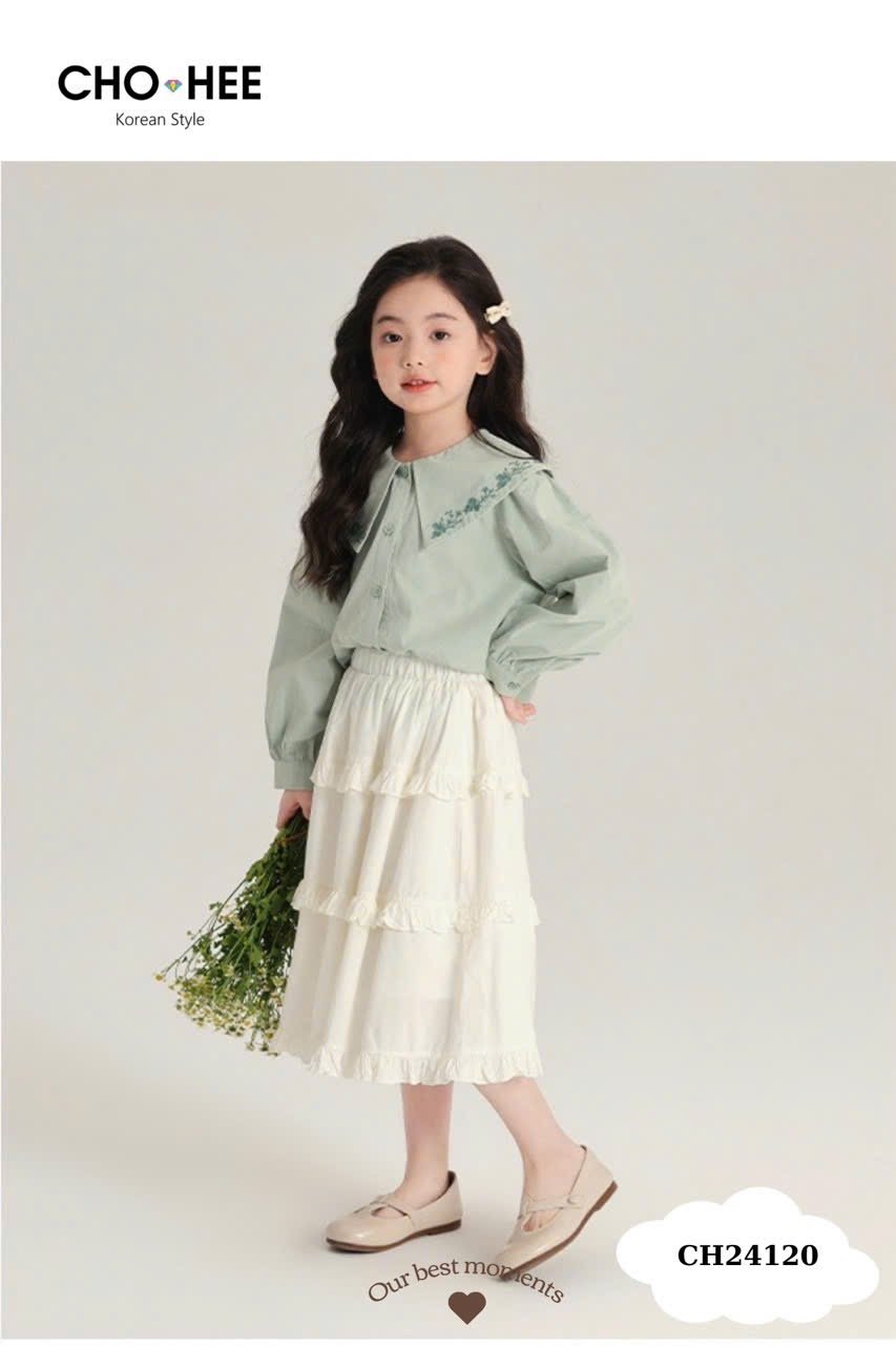 Set Oli River áo sơ mi xanh mint thêu hoa cổ - chân váy trắng bèo tầng size 2 - 11y