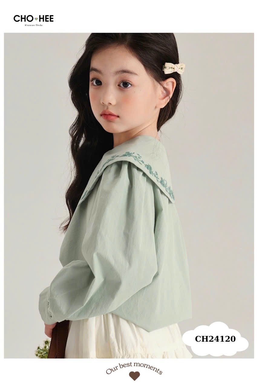 Set Oli River áo sơ mi xanh mint thêu hoa cổ - chân váy trắng bèo tầng size 2 - 11y