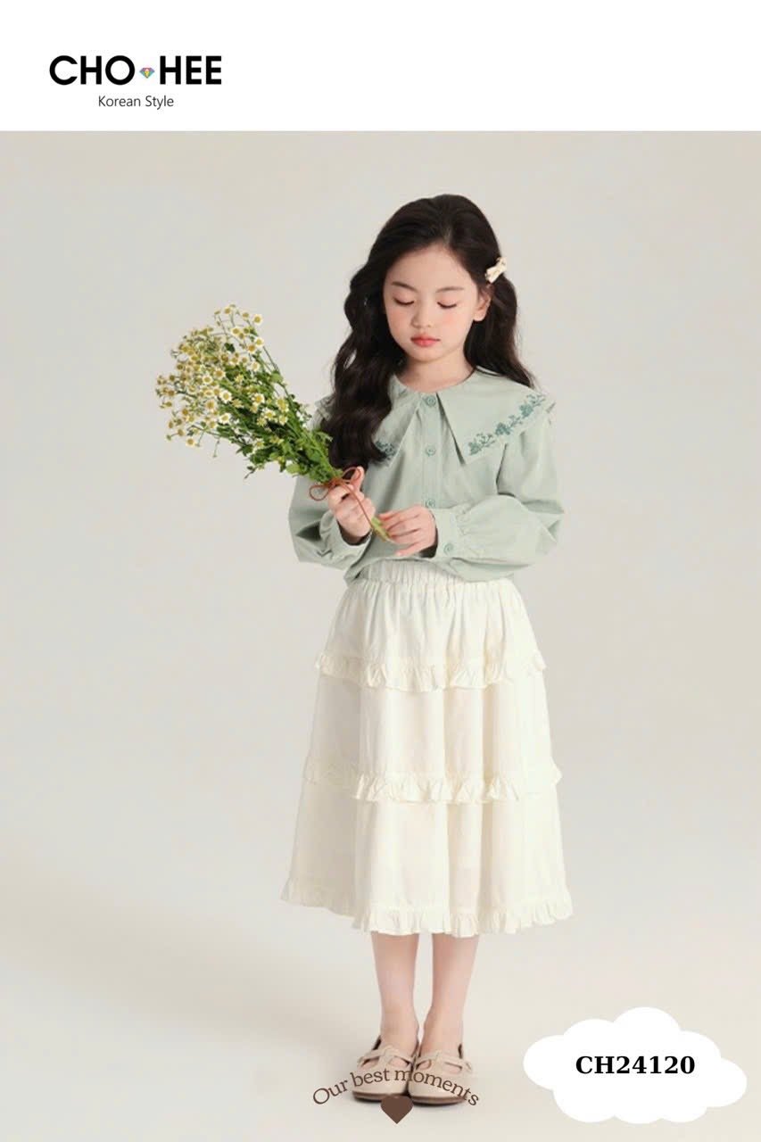 Set Oli River áo sơ mi xanh mint thêu hoa cổ - chân váy trắng bèo tầng size 2 - 11y