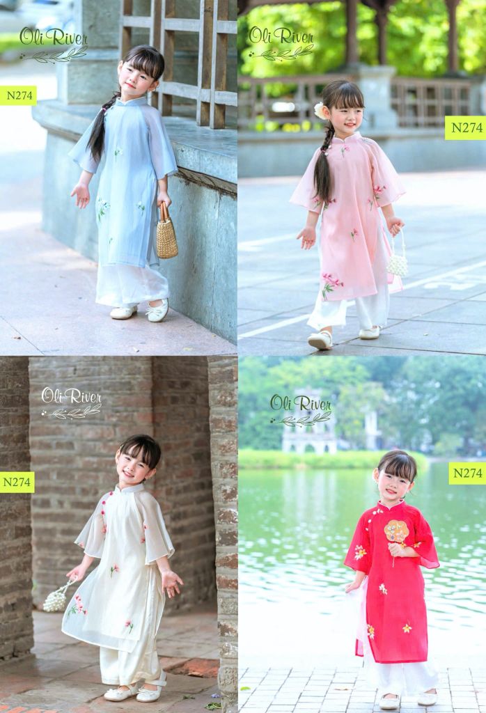 Áo dài voan thêu hoa nổi Oli River 4 màu size 2 - 11y