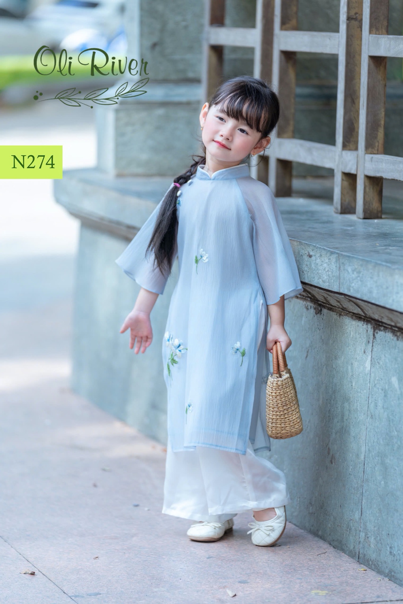 Áo dài voan thêu hoa nổi Oli River 4 màu size 2 - 11y