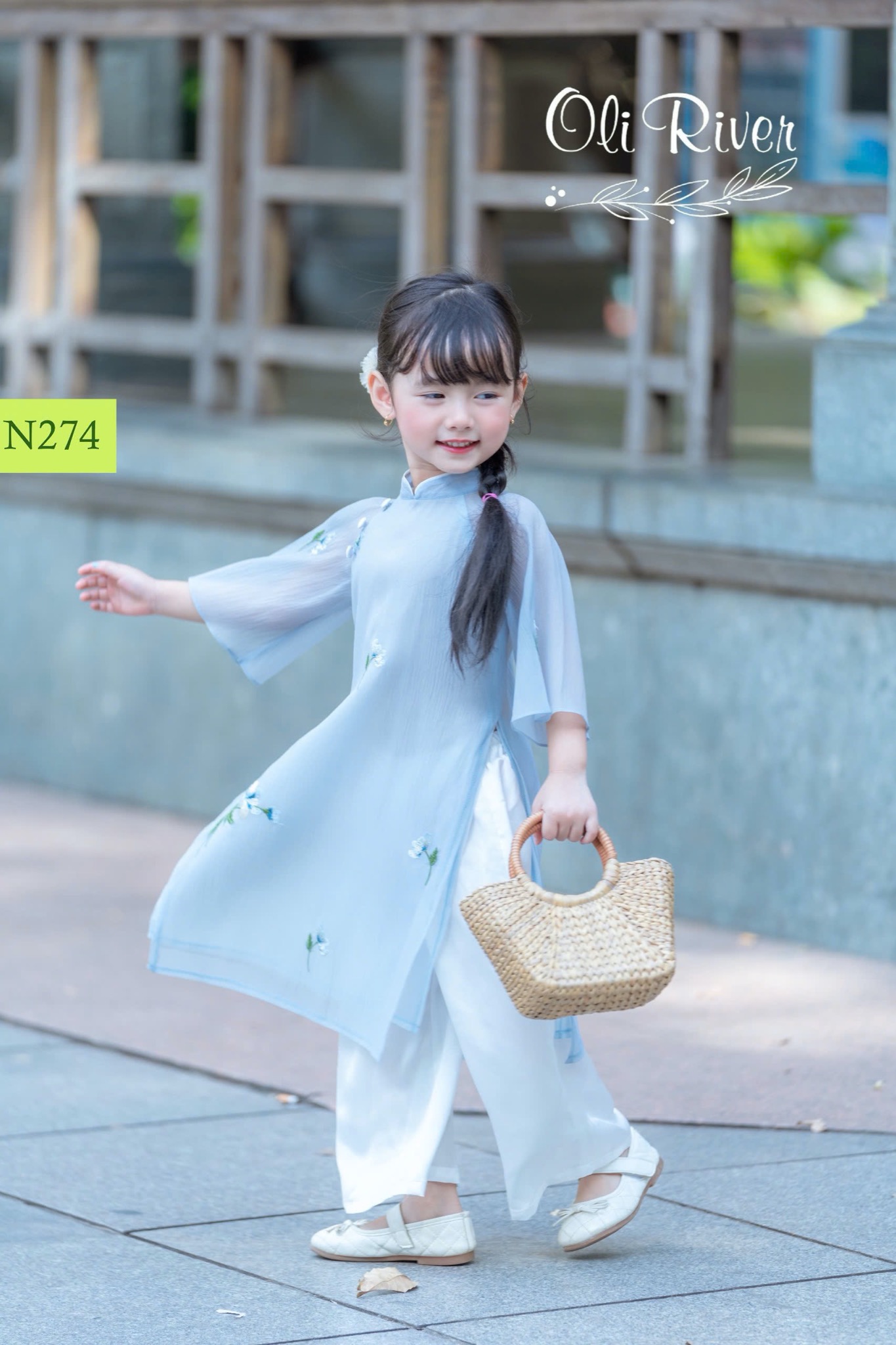 Áo dài voan thêu hoa nổi Oli River 4 màu size 2 - 11y