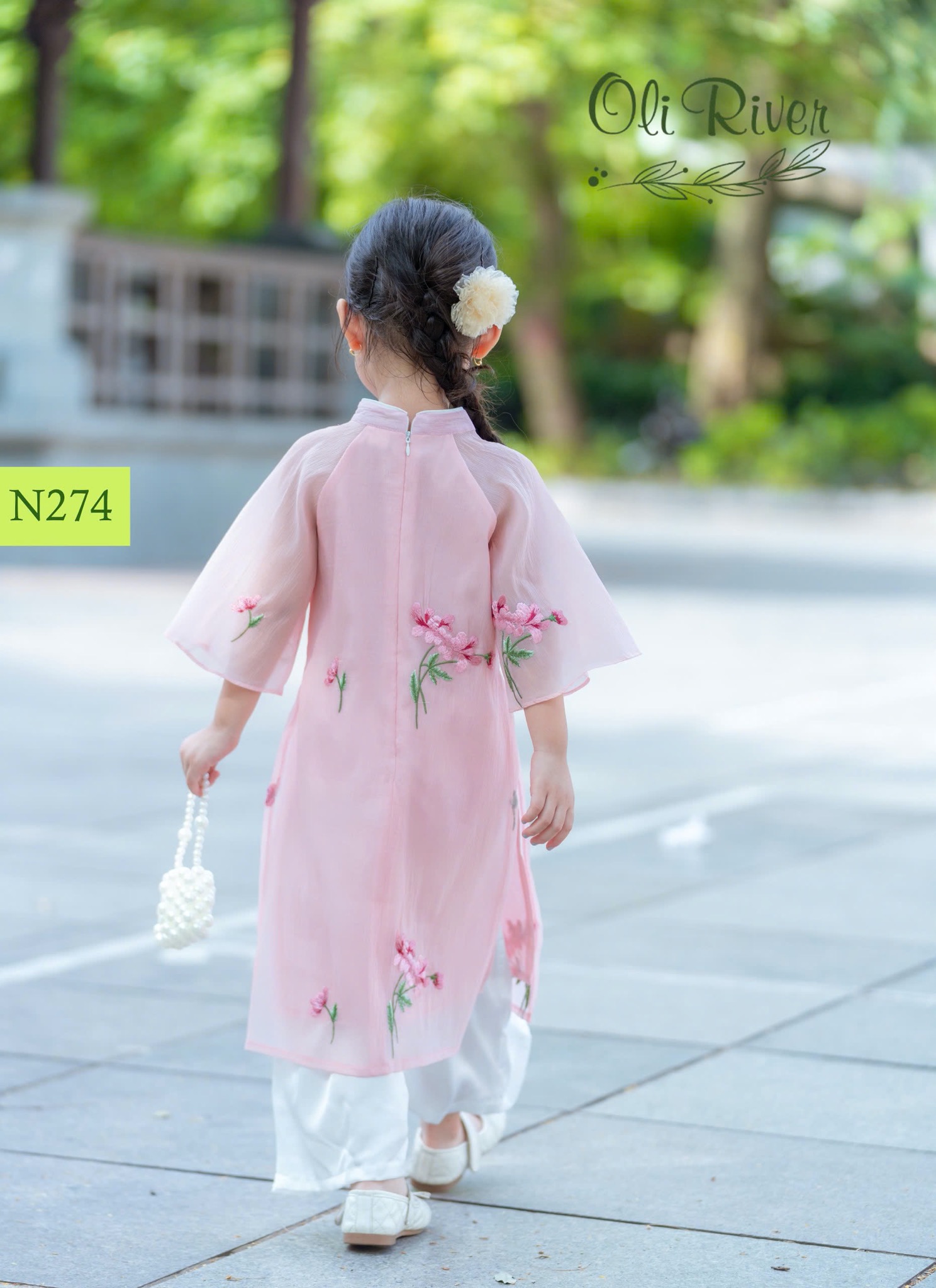 Áo dài voan thêu hoa nổi Oli River 4 màu size 2 - 11y