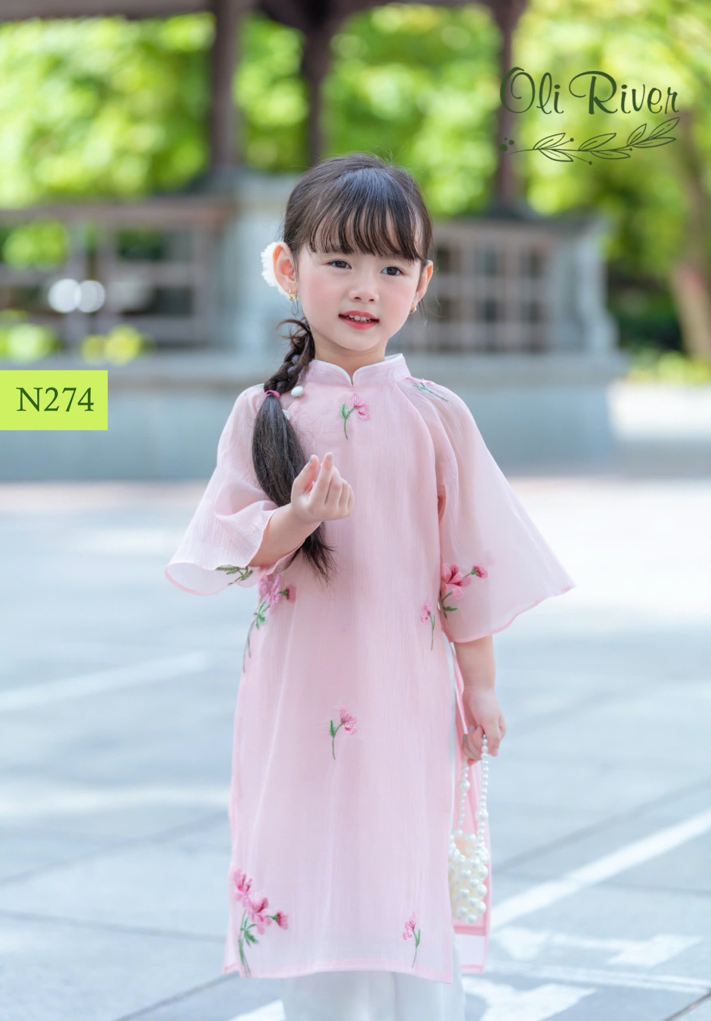 Áo dài voan thêu hoa nổi Oli River 4 màu size 2 - 11y