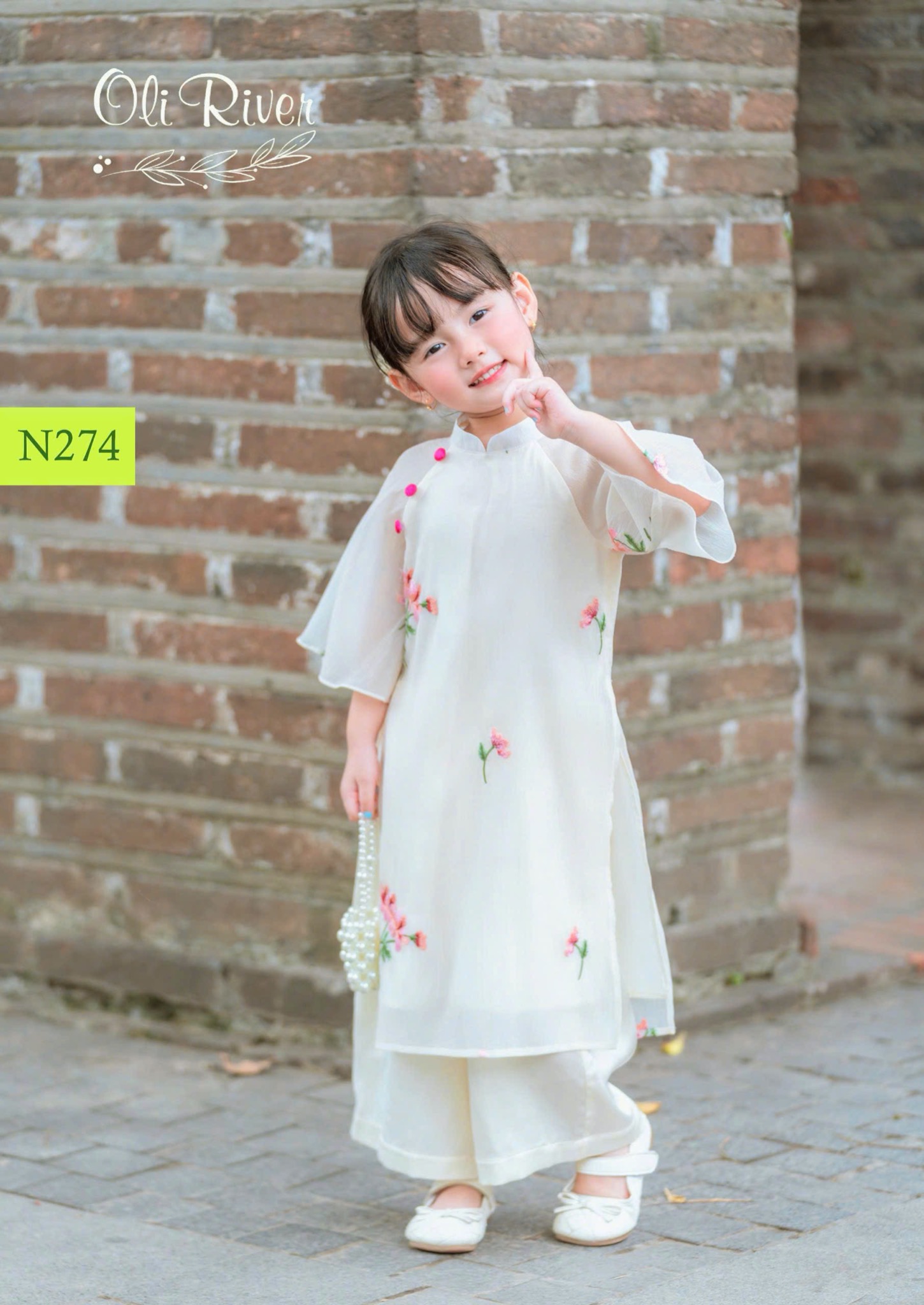 Áo dài voan thêu hoa nổi Oli River 4 màu size 2 - 11y