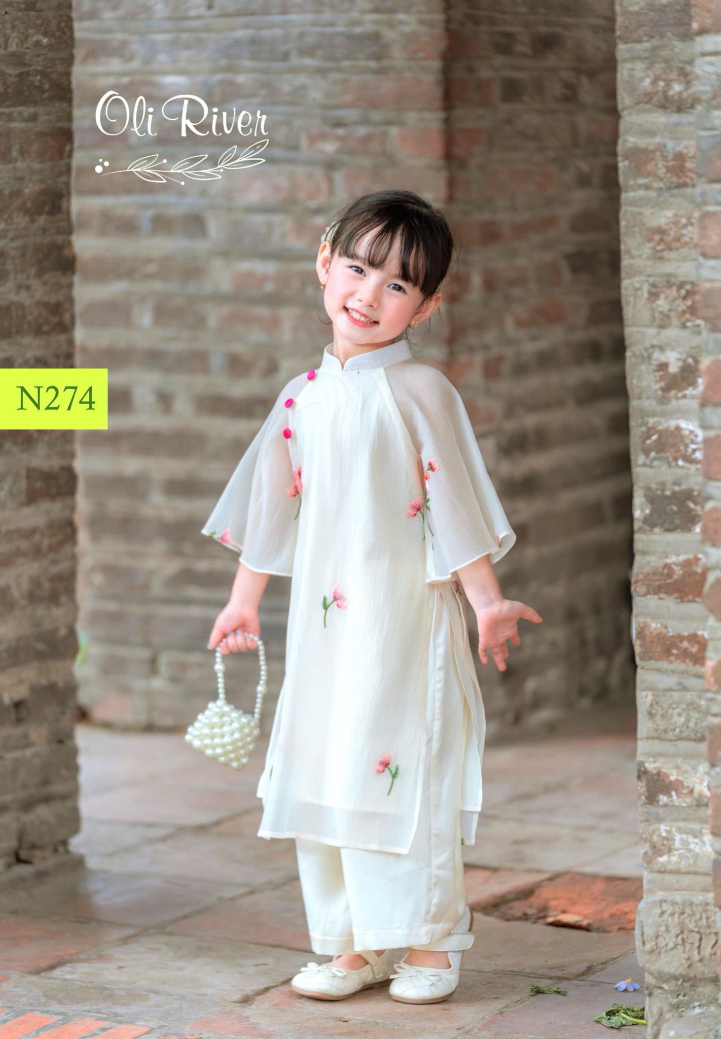Áo dài voan thêu hoa nổi Oli River 4 màu size 2 - 11y