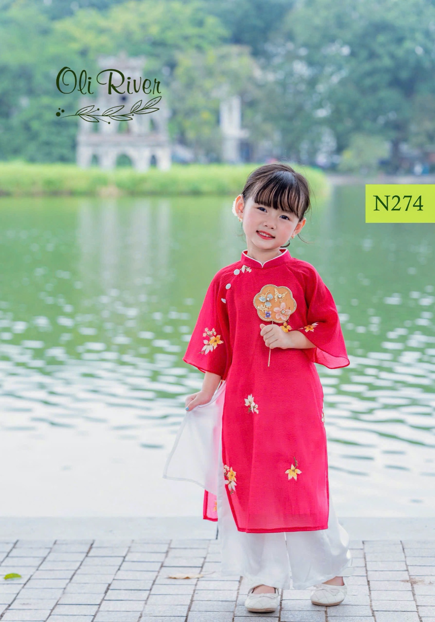 Áo dài voan thêu hoa nổi Oli River 4 màu size 2 - 11y