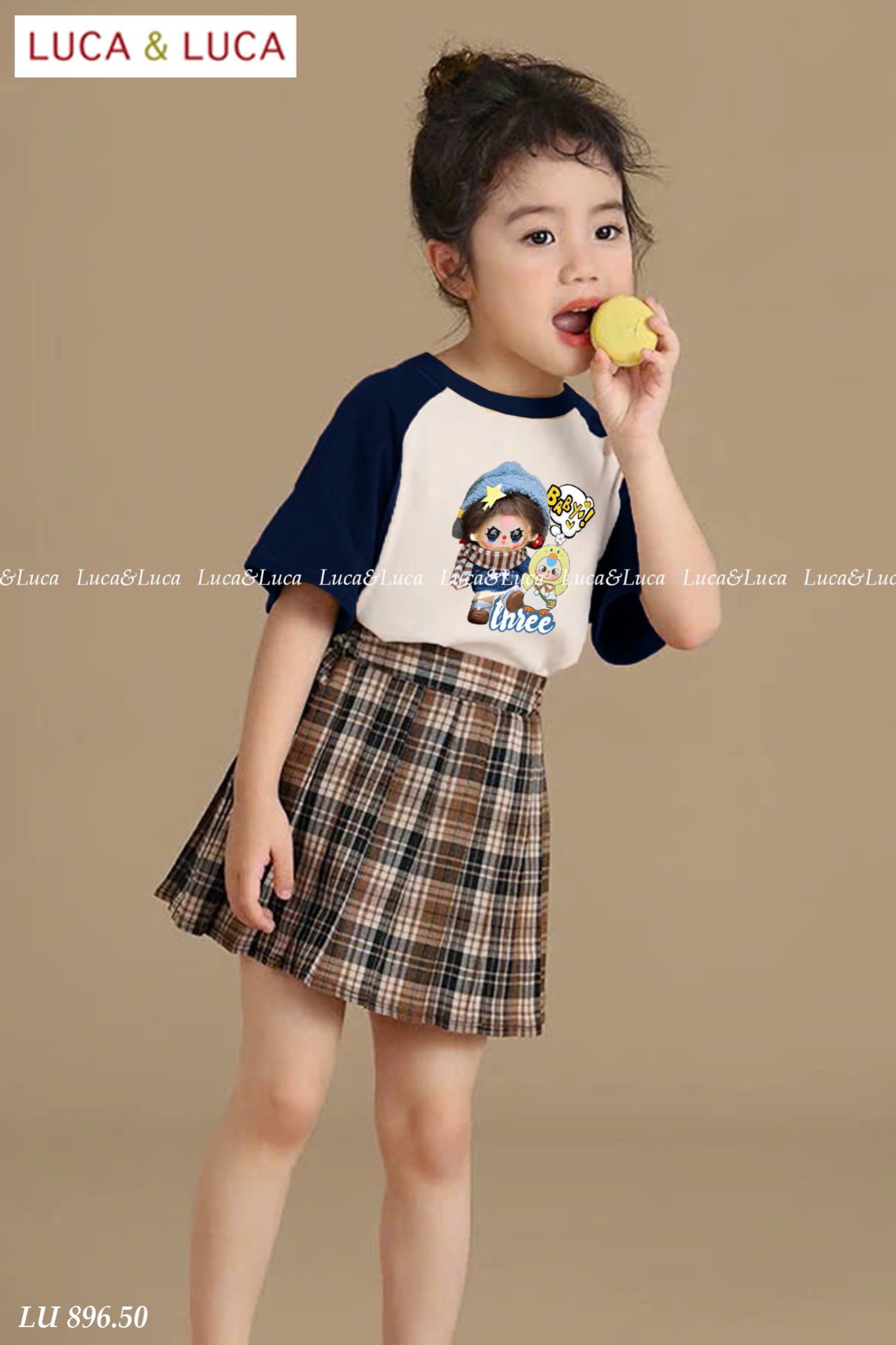 LU 896 - Set bộ Luca áo babythree + chân váy kẻ caro nâu bé gái size 2-12y