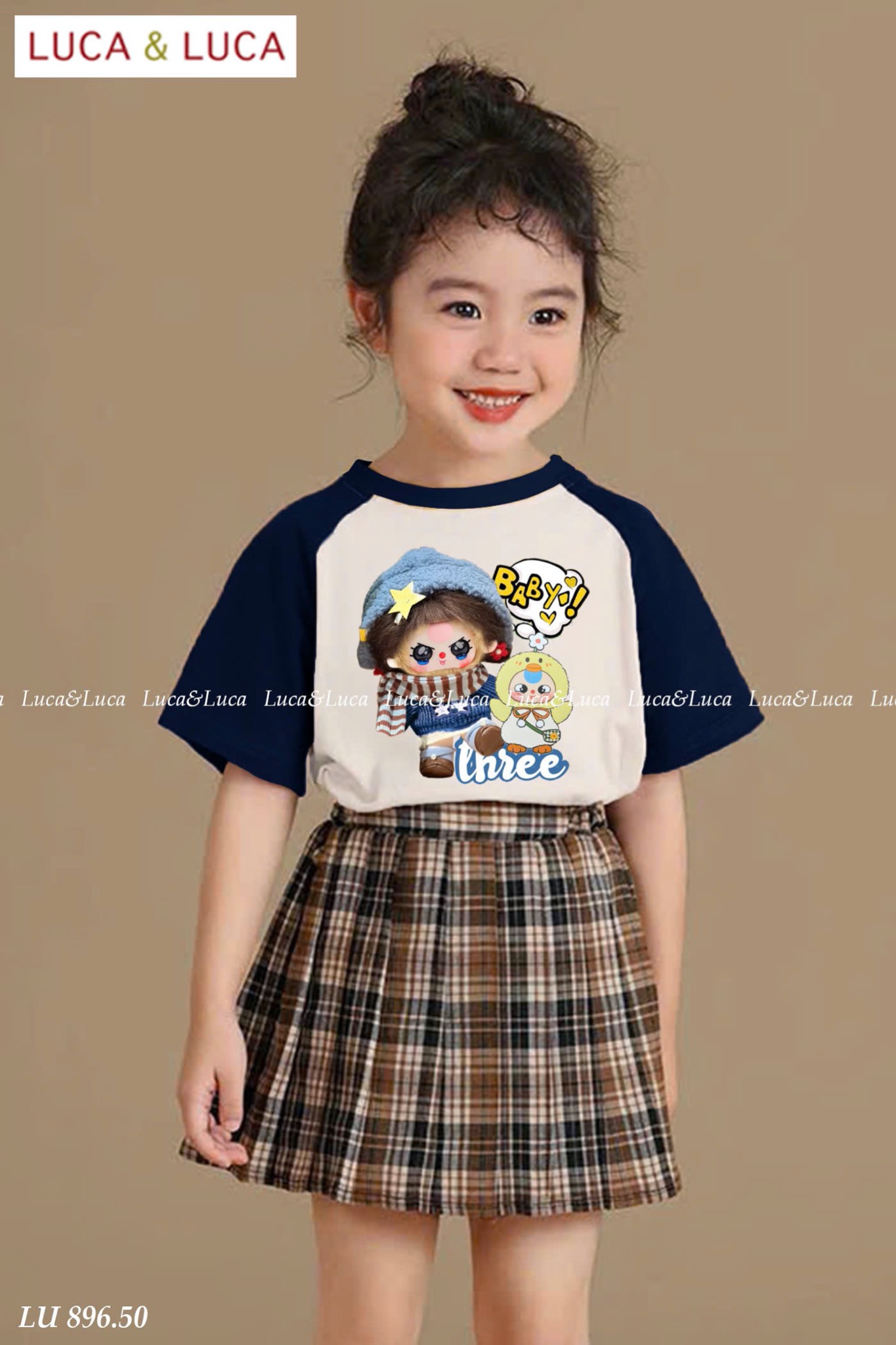 LU 896 - Set bộ Luca áo babythree + chân váy kẻ caro nâu bé gái size 2-12y