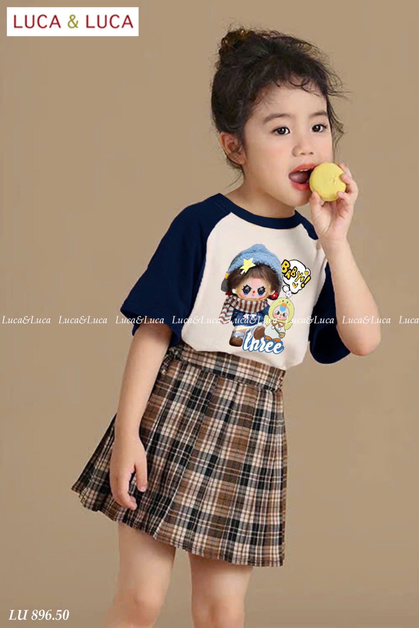 LU 896 - Set bộ Luca áo babythree + chân váy kẻ caro nâu bé gái size 2-12y