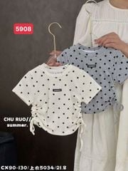 5034 - Áo cotton chấm bi rút eo 2 màu kem/ghi bé gái size 90-130