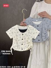 5116 - Áo cotton Hello Kitty in tràn rút eo 2 màu ghi/kem bé gái size 90-130