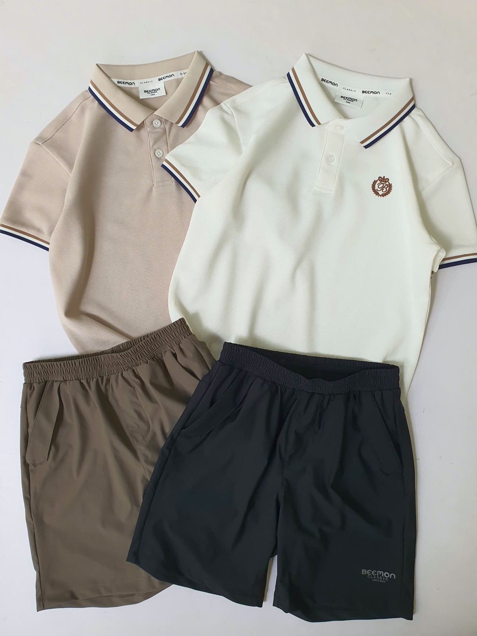 Bộ Polo cổ đức Beemon 2 màu trắng/be cho bé size 120-160