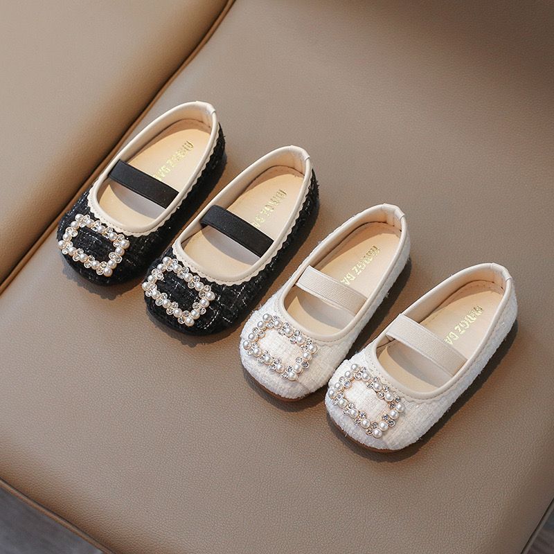 V7713 - Giày búp bê vải dạ tweed mềm êm đính hạt 2 màu cho bé gái size 21-35