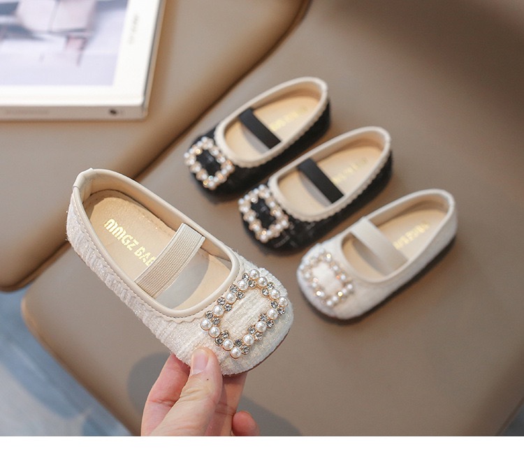 V7713 - Giày búp bê vải dạ tweed mềm êm đính hạt 2 màu cho bé gái size 21-35