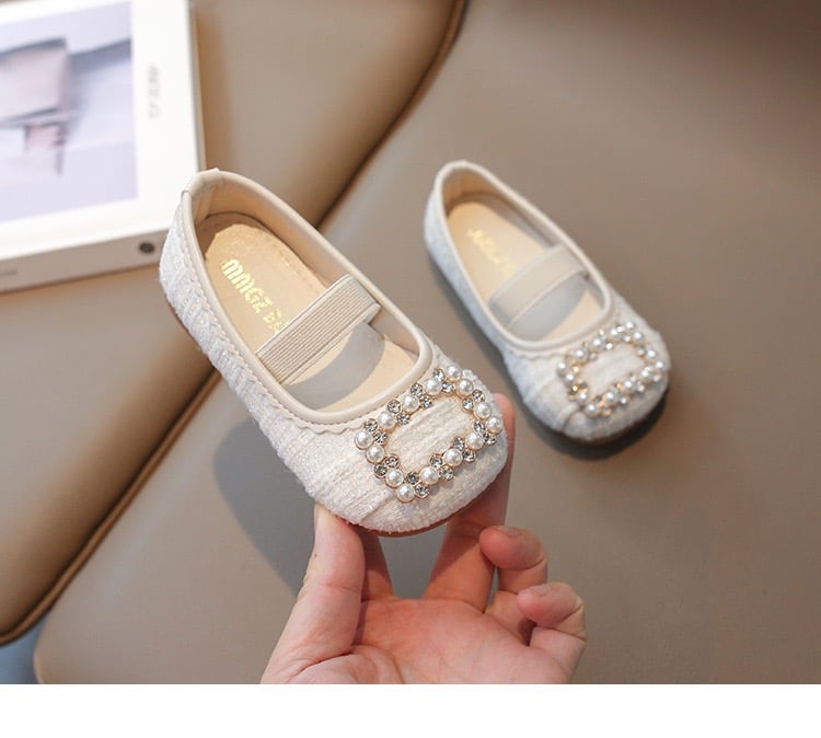 V7713 - Giày búp bê vải dạ tweed mềm êm đính hạt 2 màu cho bé gái size 21-35