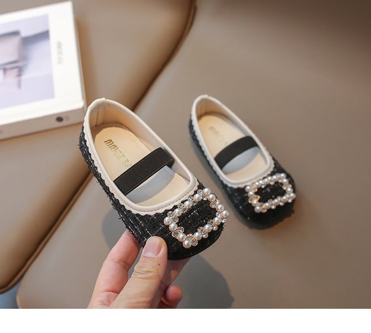 V7713 - Giày búp bê vải dạ tweed mềm êm đính hạt 2 màu cho bé gái size 21-35