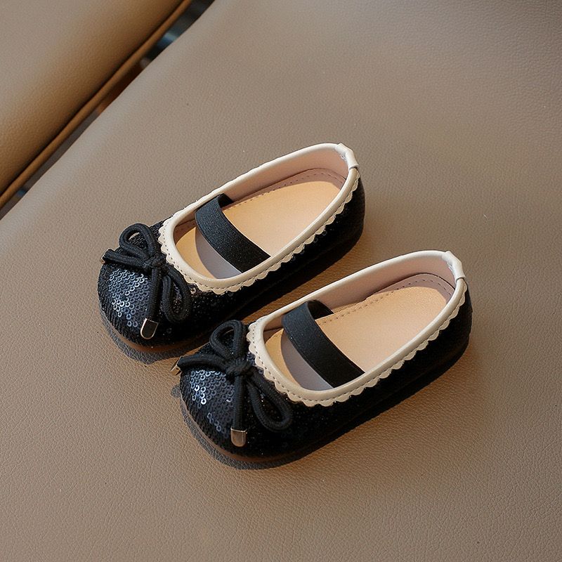 V701 - Giày búp bê đính nơ màu đen/hồng viền trắng bé gái size 21-35