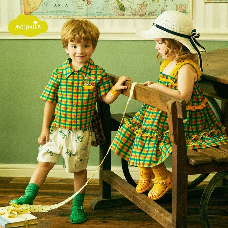 Áo sơ mi Moimoln xuất Hàn dư xịn vải thô nhăn màu caro vàng xanh size 110-130