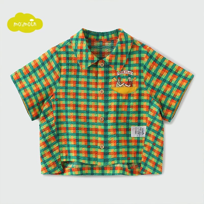 Áo sơ mi Moimoln xuất Hàn dư xịn vải thô nhăn màu caro vàng xanh size 110-130