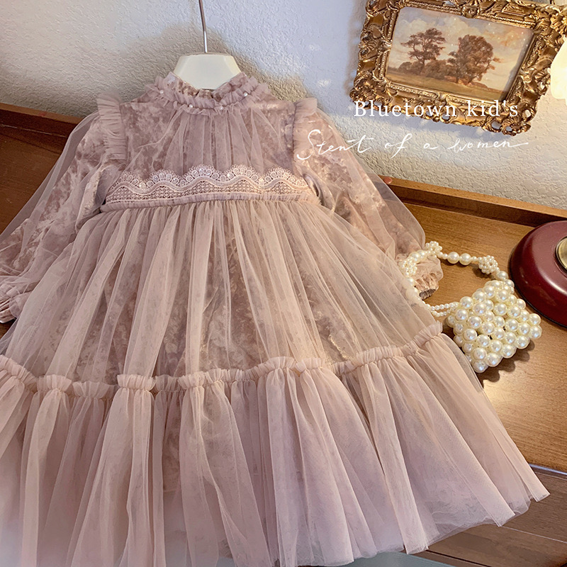 Váy công chúa vải nhung phối voan lót nỉ 2 màu hồng/be bé gái size 90-150