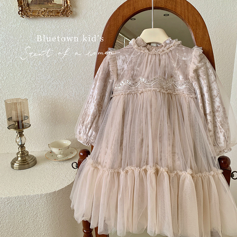 Váy công chúa vải nhung phối voan lót nỉ 2 màu hồng/be bé gái size 90-150